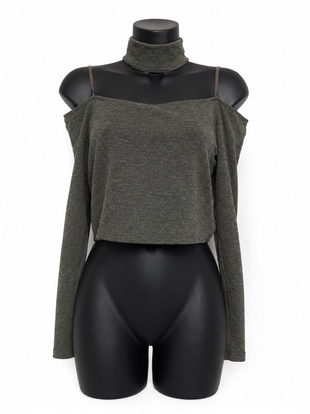 Cold-Shoulder Ribbed Crop Top with Turtleneck